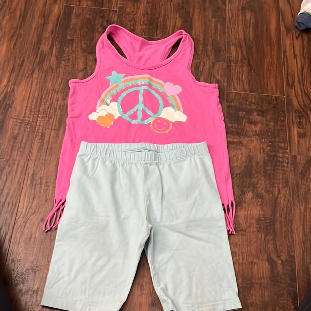 Pink Peace Sign Tank Top and Light Blue Shorts Set